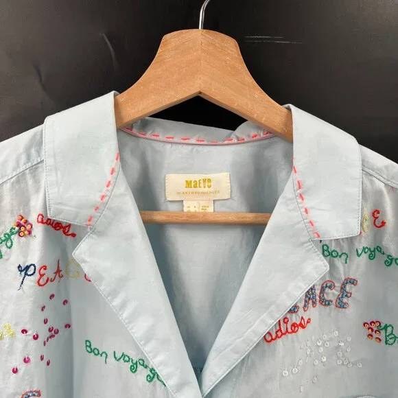 Maeve Anthropologie top Blue Bon Voyage Clarissa Button Down embroidered shirt 2 - Picture 3 of 15